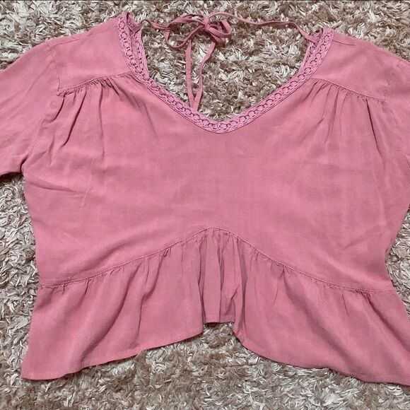 DMonas Pink Bohemian Hippie Cropped Ruffle Peasant Blouse Size Medium - Picture 5 of 11